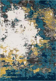 a blue and yellow area rug with white, gray, and yellow colors on it