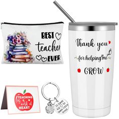 the teacher appreciation gift set includes a travel mug, keychain and pencil case