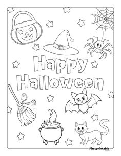 happy halloween coloring page with witches and cats in the background for kids to color on