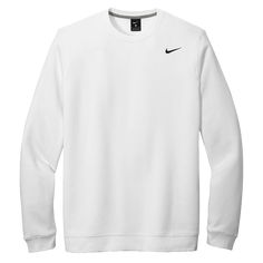 Designed with brushed-back fleece for warmth and comfort, this premium sweatshirt is ideal for an active lifestyle. Features neck taping and saddle stitching for durability. Rib knit cuffs and hem. A contrast Swoosh design trademark is embroidered on left chest. Made of 8.2-ounce, 80/20 cotton/polyester. Nike Club Fleece, Neck Taping, Custom Sportswear, Corporate Wear, Nike Fleece, Athletic Looks, White Fleece, Fleece Sweatshirt, Golf Outfit