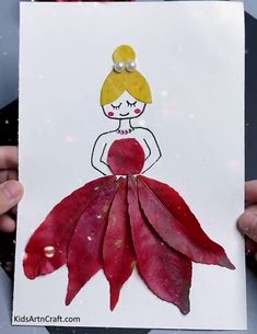 a drawing of a woman in a red dress holding a large leaf with pearls on her head