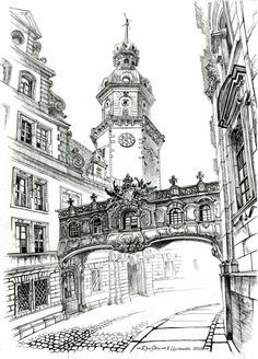 an ink drawing of a clock tower in the middle of a street with buildings around it