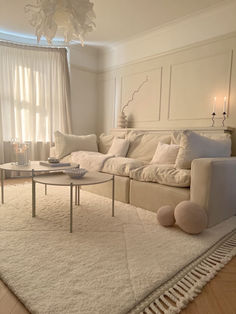 a living room filled with furniture and a white rug