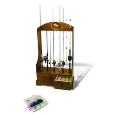 a wooden display case with fishing rods on it's sides and an open magazine