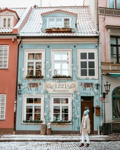 an old building painted with animals and flowers on the outside, next to a cobblestone street