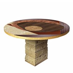 a wooden table with different shapes and sizes on it's pedestal, against a white background