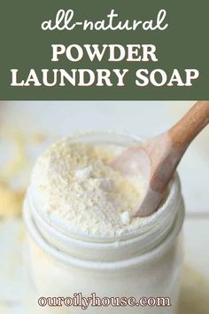 homemade all natural powdered laundry soap in a jar with a wooden spoon