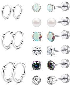 PRICES MAY VARY. ✨【Stud Hoop Earrings Set】✨ One order contains 9 pairs titanium steel earrings, 6 pair flatback stud earring and 3 pair small hoop earring, include cz earrings, opal earrings, pearl earring, rainbow cz earrings, variety of different styles of earrings can meet your different needs. ✨【Titanium Steel Earrings】✨ Titanium steel is a quality material. No allergy, no irritation, lead, nickel free, don't tarnish or turn green, Let everyone wear safety and comfort, especially for sensiti Conch Piercing Jewelry, Daith Piercing Jewelry, Unique Studs, Earrings Cartilage, Sleeper Earrings, Surgical Steel Earrings, Flat Back Earrings, Helix Earrings, Tragus Earrings