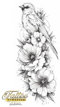 a black and white drawing of a bird sitting on top of flowers with the words tattoo art