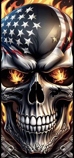 a skull with an american flag on it's head and flames in the background