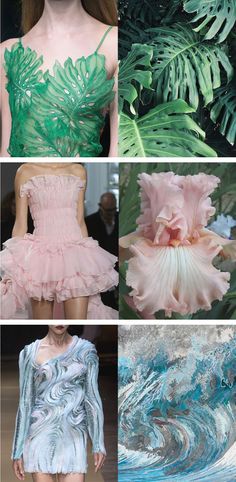 the different dresses on the runway are made from flowers, leaves and other things that appear to be painted