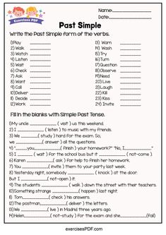 printable worksheet for the past simple tense with pictures and words on it