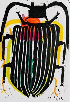 a drawing of a bug with stripes on it's body and legs, in black, yellow, red, green, orange, and pink