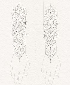 two drawings of hands with intricate designs on the arm and wrist, one is drawn in pencil