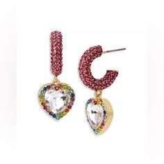 Pink Stones And Dangling Crystal Heart Charm Haloed With Vibrant Rainbow Stones. Post Back Closure Gold-Tone, Glass Length: 1.41” Kurt Geiger London Pouch Included Multicolor Heart Charm Earrings For Parties, Kurt Geiger Jewelry, Pink Stones, Multicolor Earrings, Gold Eagle, Crystal Buttons, Link Earrings, Rainbow Crystal, Bird Earrings