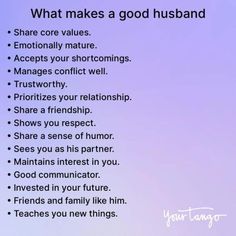 an image of what makes a good husband text on a blue and purple background with white writing