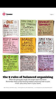 the rules of balanced organizing are written on sticky notes and placed in front of each other