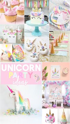 a collage of unicorn themed party ideas