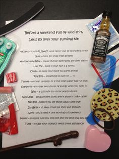 the contents of a personal care kit laid out on top of a table with scissors, toothbrushes and other items