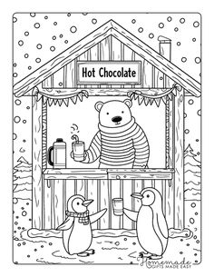 a bear and penguin are in front of a hot chocolate hut