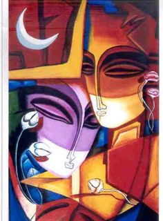 an abstract painting of two people with masks