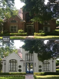 before and after photos of a brick house with blue front door, window panes on either side