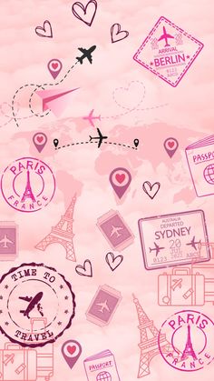 a pink background with stamps and symbols for travel around the world, including an eiffel tower