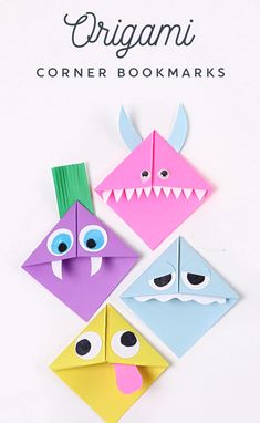 four origami bookmarks with faces and mouths