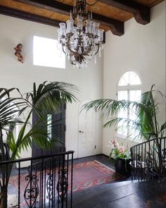 a chandelier hangs from the ceiling in an ornate entryway with potted plants