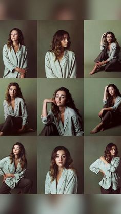 many different pictures of a woman with long hair and wearing a white shirt, sitting on the floor