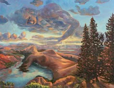 an oil painting of mountains, trees and water with clouds in the sky over them