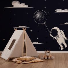 A cozy children's playroom designed for space fanatics. The wall features a Decor2Go Wallpaper Mural of a dark blue sky with stars, clouds, and an astronaut holding a glittering balloon. Wanderlust Wallpaper, Dreamy Night Sky, Dreamy Night, Dreamy Design, About Space, Twinkling Stars, Into The Unknown, Sparkling Stars, Twinkle Star