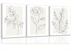 three black and white paintings with flowers on them