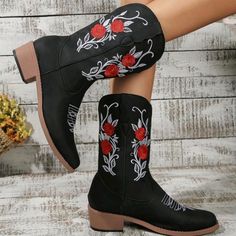 Womens Black & Red Embroidered Square Toe Short Cowboy Boots Cowgirl Boots Short, Mexican Quinceanera, Short Cowboy Boots, Womens Cowgirl Boots, Quinceanera Themes, Ankle Rain Boots, Lug Sole Boots, High Leather Boots, Slip On Boots