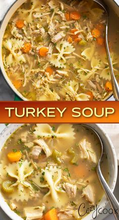 two bowls of turkey soup with carrots, celery and noodles in it