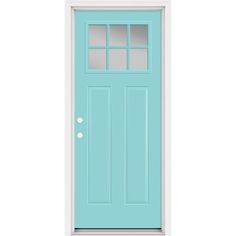 a blue front door with glass panels on the top and bottom panel, against a white background