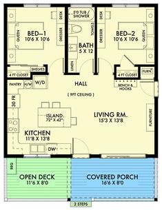 the floor plan for a two bedroom house with an attached kitchen and living room area