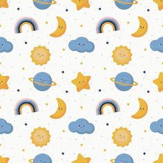 seamless pattern with sun, moon and stars on white background for kids room wallpaper