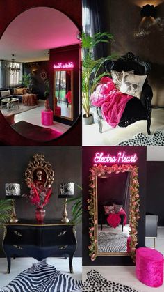 there is a black and white room with pink accents on the walls, zebra print rugs, an ornate mirror, and decorative furniture