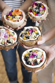 three pictures showing different types of food in coconuts