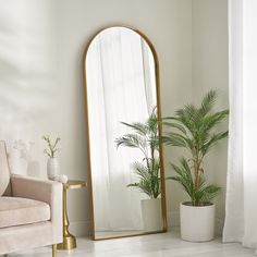 a living room with a couch, mirror and potted plant