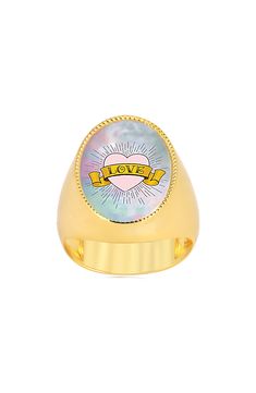 A romantic gift, this love-themed ring features a shimmering mother-of-pearl face on a glossy 14-karat gold-plated sterling silver band. Sterling silver/14k-gold plate/mother-of-pearl Made in Turkey Memorial Ring, Keep Jewelry, Romantic Gift, Sterling Silver Bands, Pearl Ring, Gold Plated Sterling Silver, Womens Jewelry Rings, Silver Band, Rings Statement