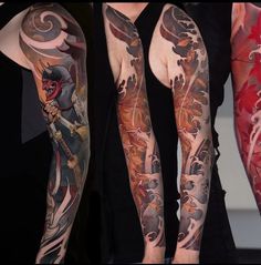 two sleeve tattoos with different designs on them