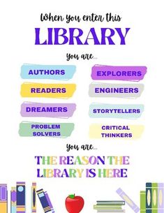 a poster with the words library on it and an apple next to bookshelves