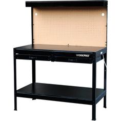 a workbench with an open drawer on the top and bottom shelf below it