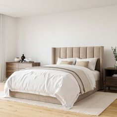 a bedroom with a bed, nightstands and window in it's center area