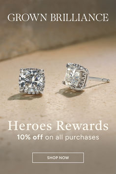 two diamond earrings with the words, crown brilliantance here's reward 10 % off on all purchases shop now