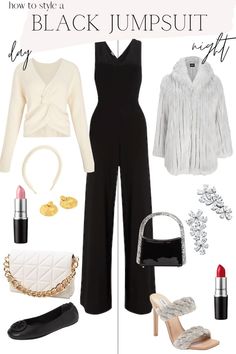 Jumpsuits Outfit Casual, Black Pant Jumpsuit Outfits, Jumpsuit For Winter Wedding Guest, From Day To Night Outfit Ideas, Jewelry For Black Jumpsuit, Black Jumpsuits For Women Classy, Strapless Jumpsuit Outfit Dressy, Black Jumpsuit Christmas Outfit, Styling Jumpsuits Winter