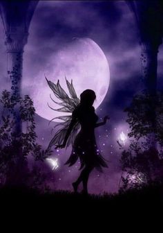 a girl with long hair walking in front of a full moon and trees at night