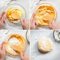 four pictures showing how to make an english muffin with butter and flour in a glass bowl